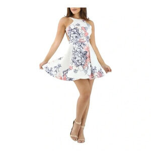 UNKNOWN BRAND FLORAL SWIRL PELPUM‎ DRESS SEE MEASUREMENTS WHITE/NAVY BLUE/PINK